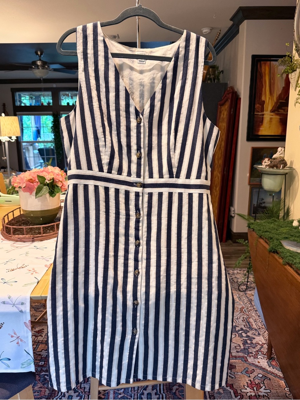 J. Crew Navy and White Vertical-Stripe Button-Front Midi Dress